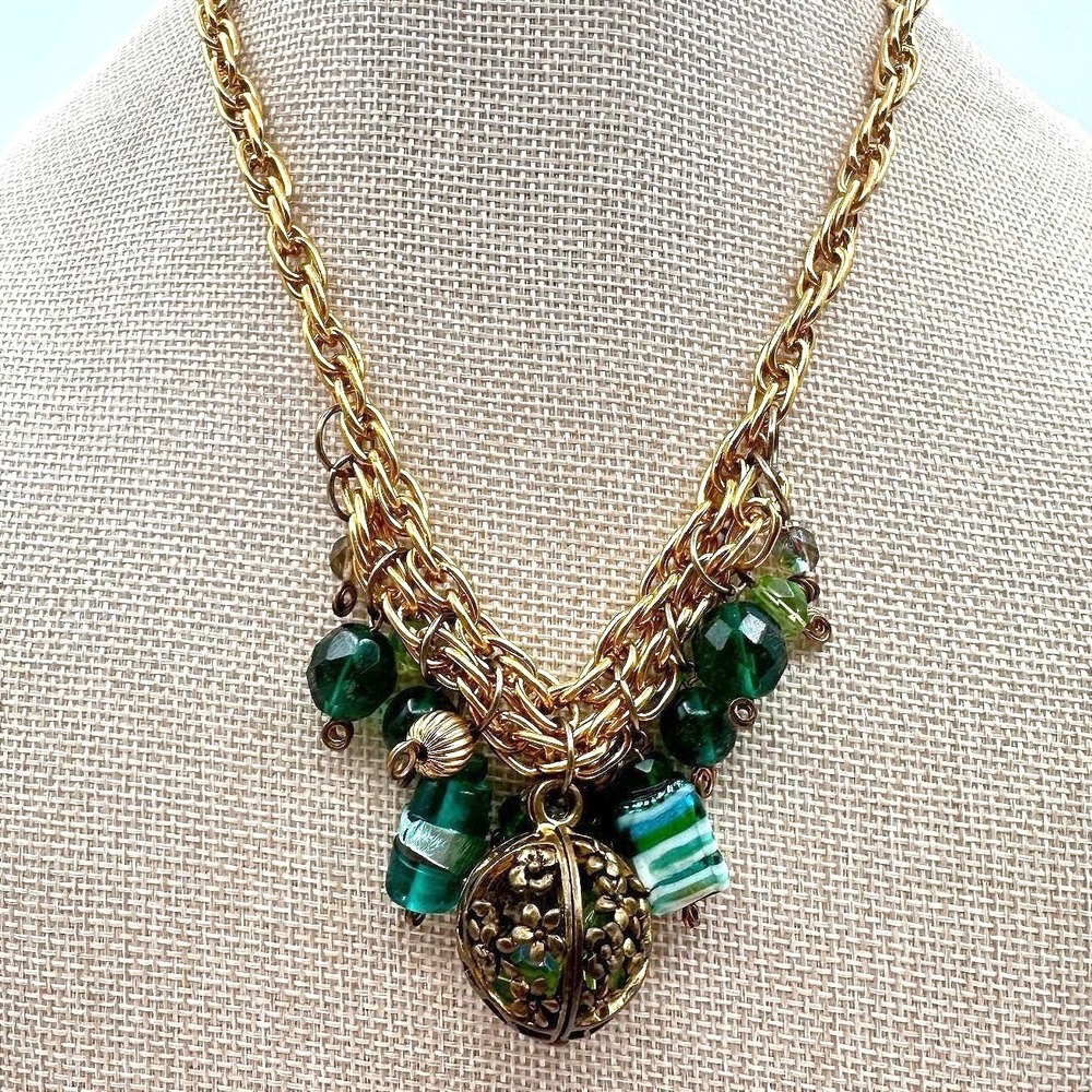 Vintage 90s Gold Tone Green Glass Bead Statement Necklace Floral Cage‎ Pendant